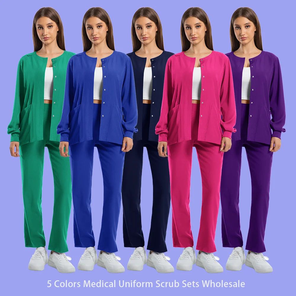 Five-color dustproof nursing scrubs set displayed on models, featuring long sleeve medical uniform for women and unisex use.