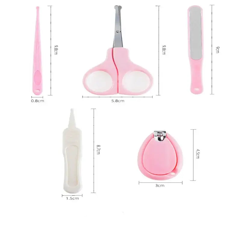 Set of pink newborn baby nail care tools including scissors, file, clippers, and tweezers in compact design.