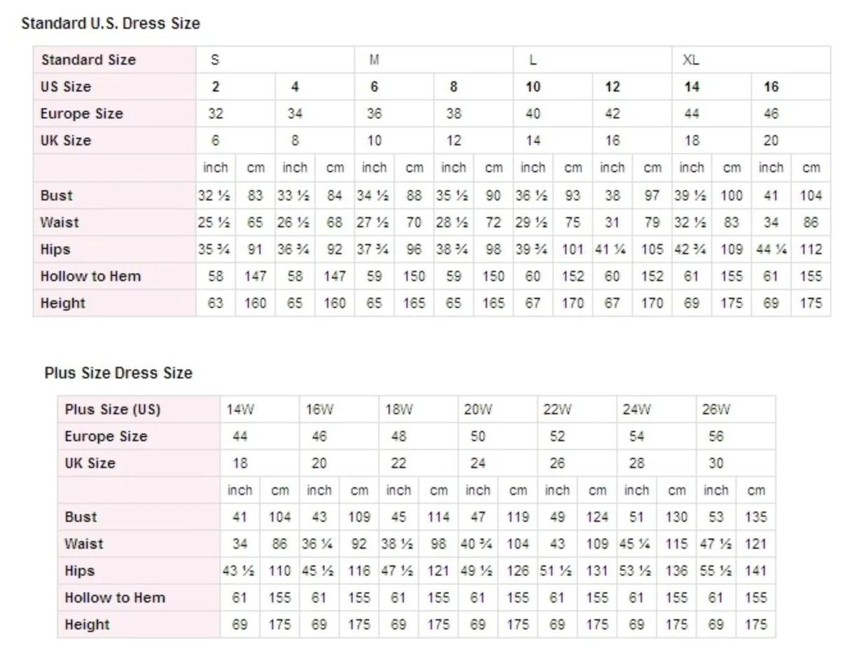 Standard U.S. and Plus Size Dress Size Chart including measurements for bust, waist, hips, and height.