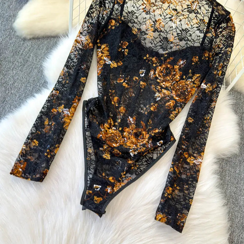 Women Square Neck Mesh Print Bodysuit