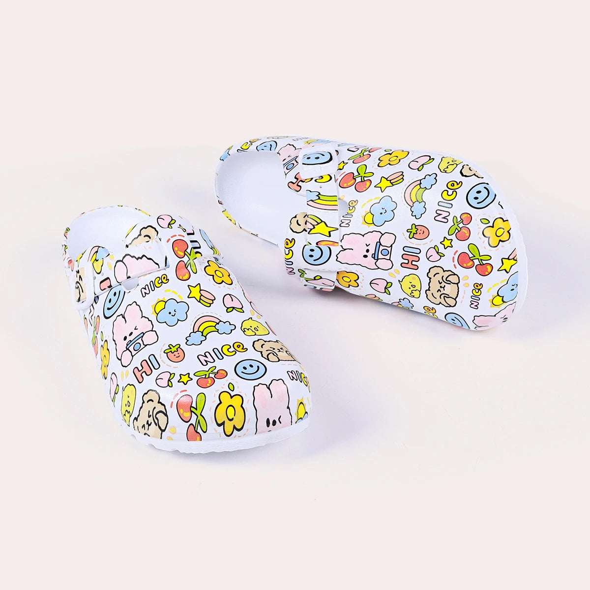 Women Cartoon Print Mule Clogs – Adjustable Buckle Beach Slippers