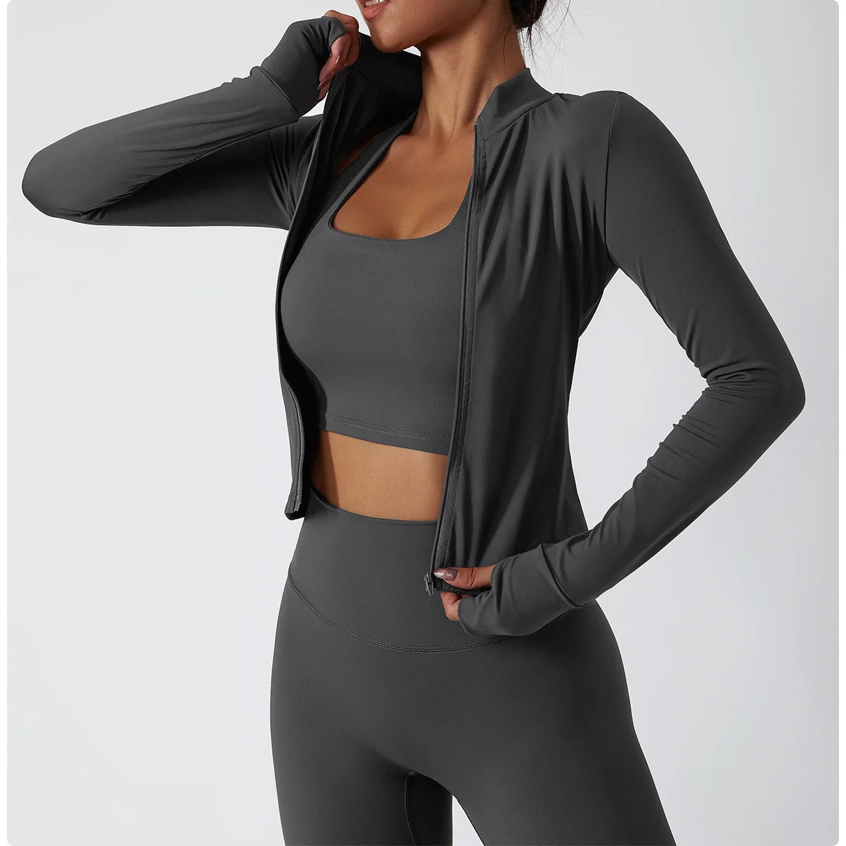 Women's Zip Long Sleeve Yoga Jacket – Slim Fit Gym Training Top