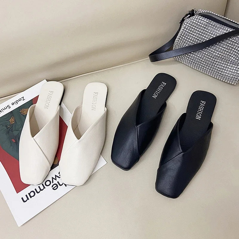Women Mules Square Toe Flat Slippers