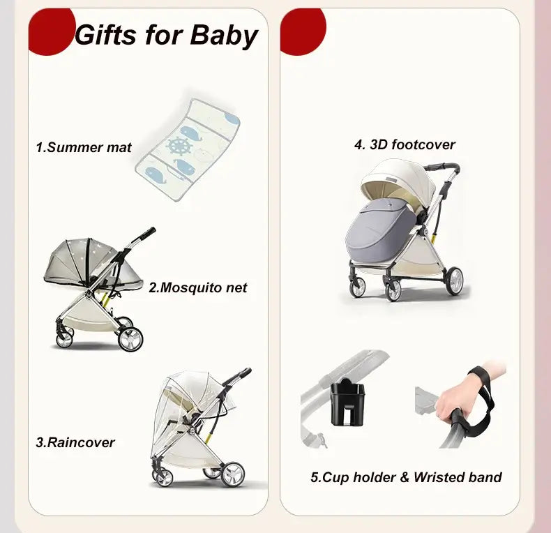 Image showcasing baby stroller accessories including summer mat, mosquito net, raincover, footcover, cup holder, and wristband.