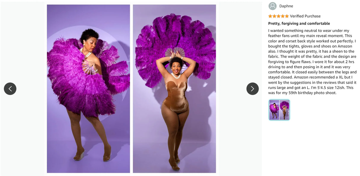 Woman posing in vibrant purple feather outfit, showcasing a stylish and comfortable look for a birthday photoshoot.