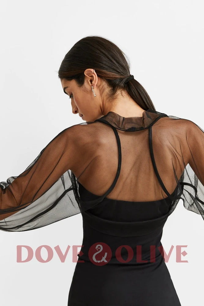 Back view of Black Tulle Bridal Cape by Dove&Olive, featuring long sleeves and sheer design, perfect for weddings.