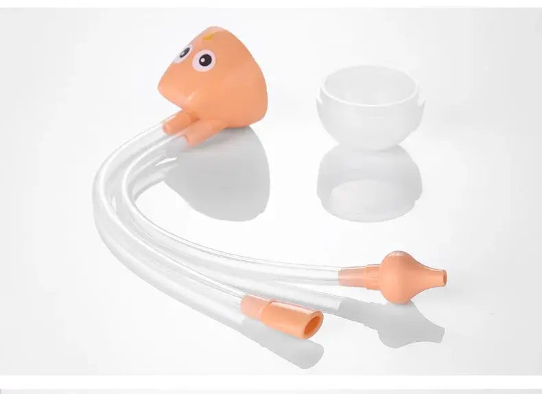 Nasal aspirator for infants designed with a cartoon pattern, made from silicone, ideal for babies aged 0-1 year.