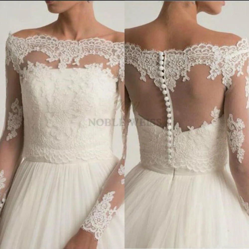 Lace off shoulder bridal jacket with long sleeves and intricate appliqued details, showcasing front and back design.