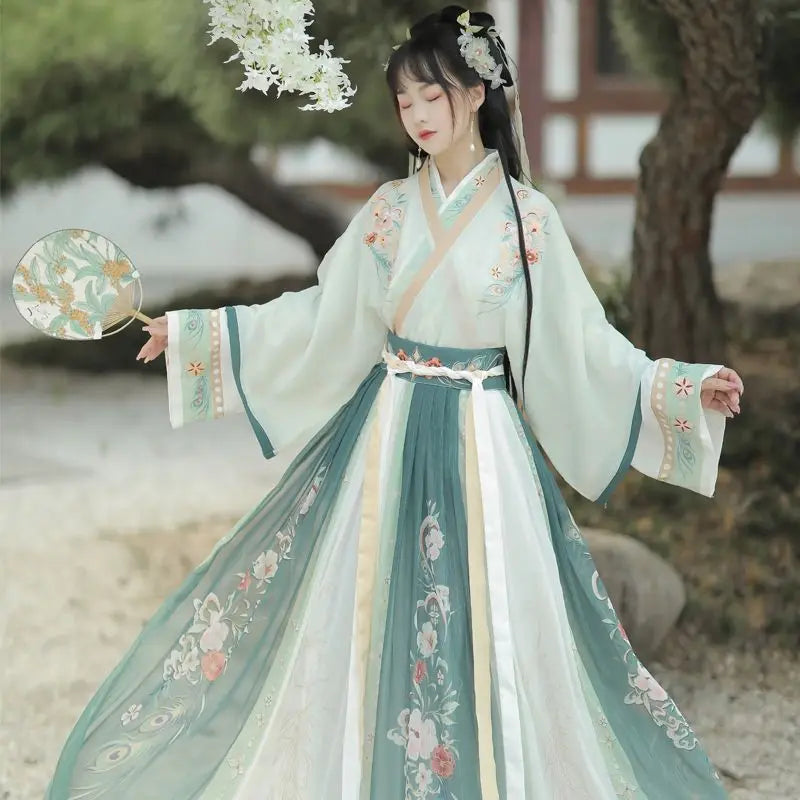 Hanfu traditional dress in elegant green and white, showcasing intricate floral embroidery and flowing sleeves, perfect for parties.