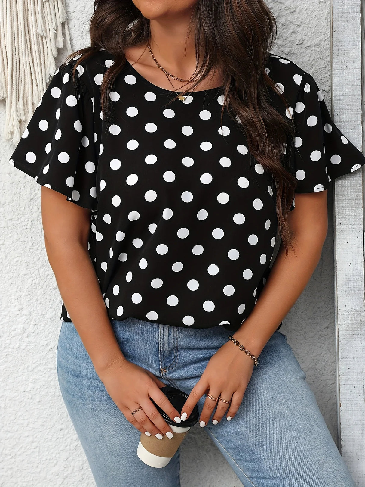 Women Plus Size Spot Print Bow Shirt