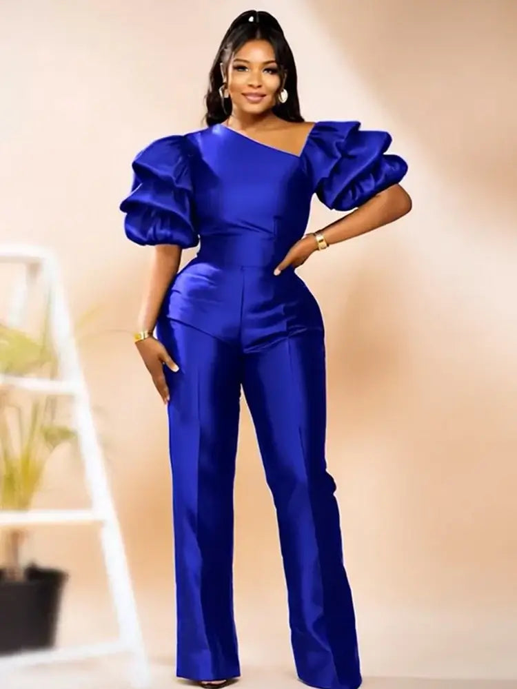 Women Satin Puff Sleeve Party Jumpsuit