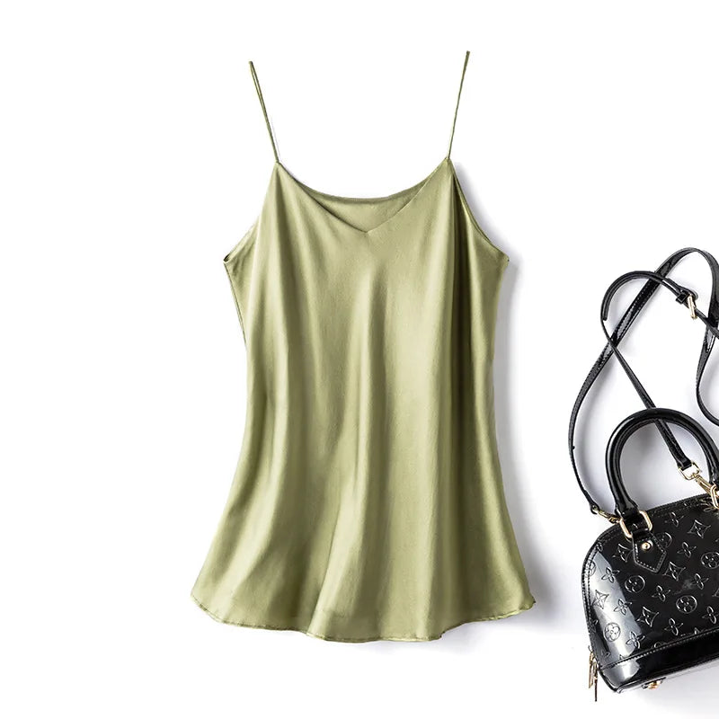Olive green double-layer silk camisole with spaghetti straps, perfect for summer casual wear.