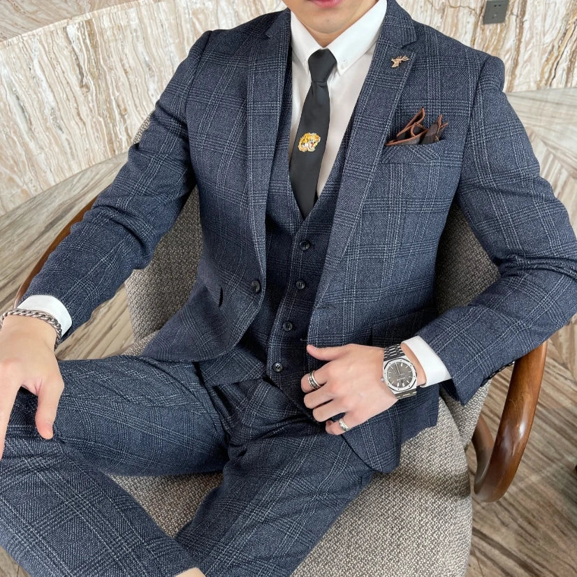 Men Plaid 3-Piece Business Suit