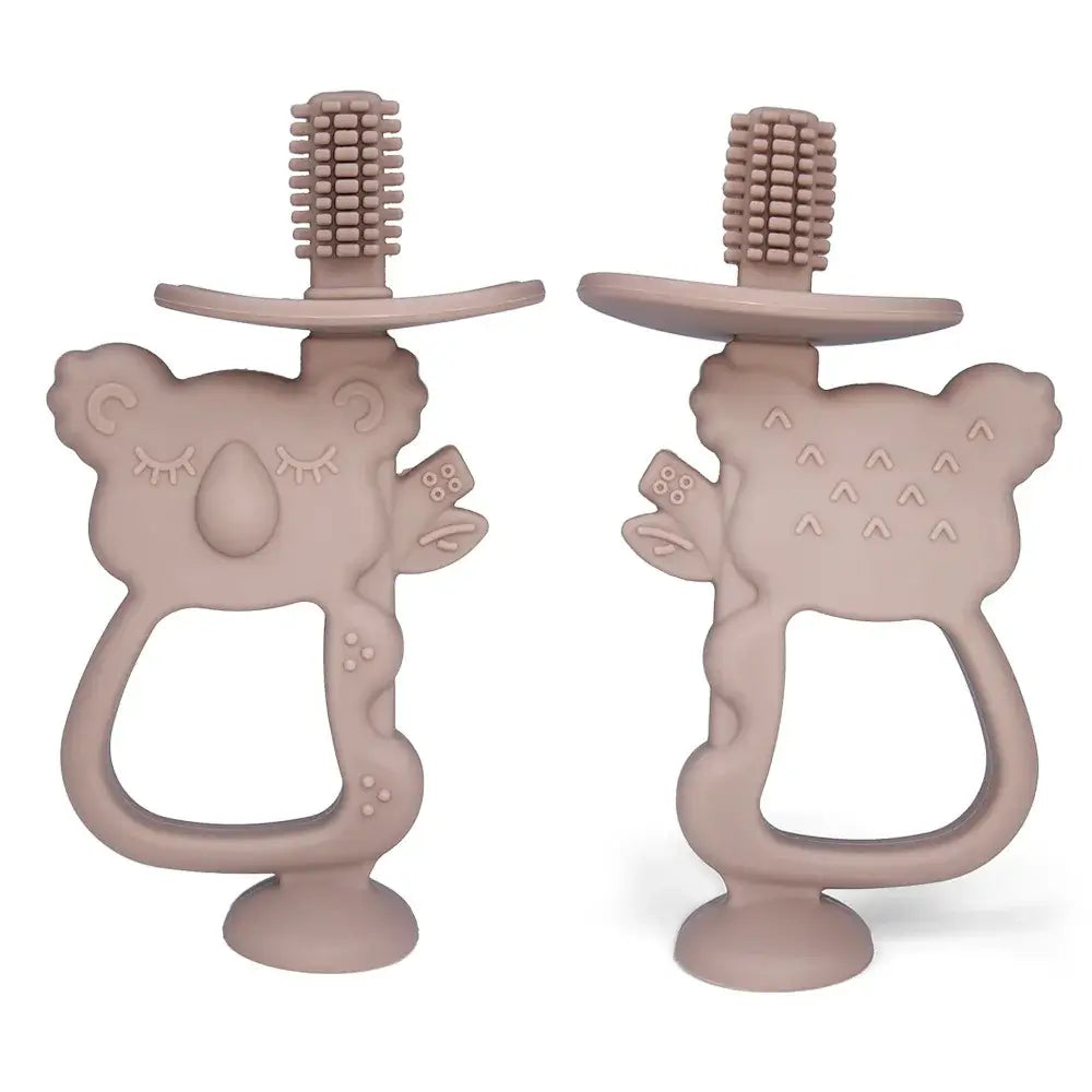 Soft silicone baby teether gloves in koala design, safe for kids aged 0-6 years, BPA-free and non-toxic.
