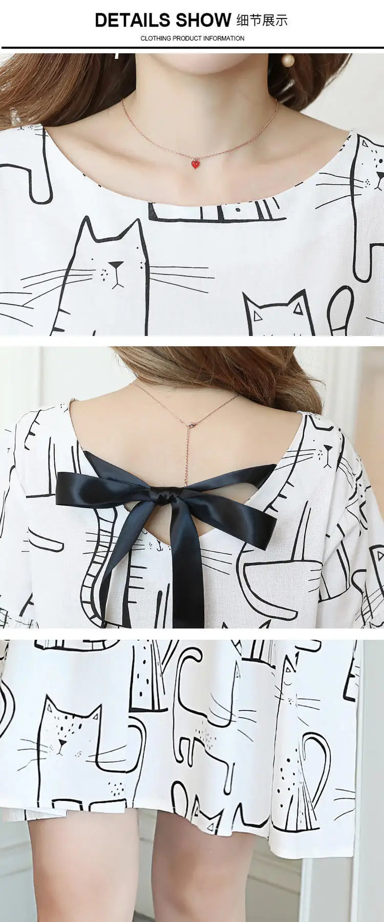 Loose Korean cartoon cat maternity dress featuring a boat neck and bow detail on the back, perfect for summer wear.