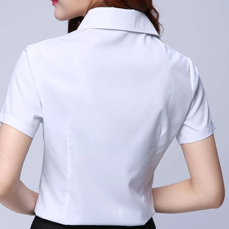 Back view of a white short sleeve shirt with turn-down collar, showcasing a slim fit design for youthful office style.