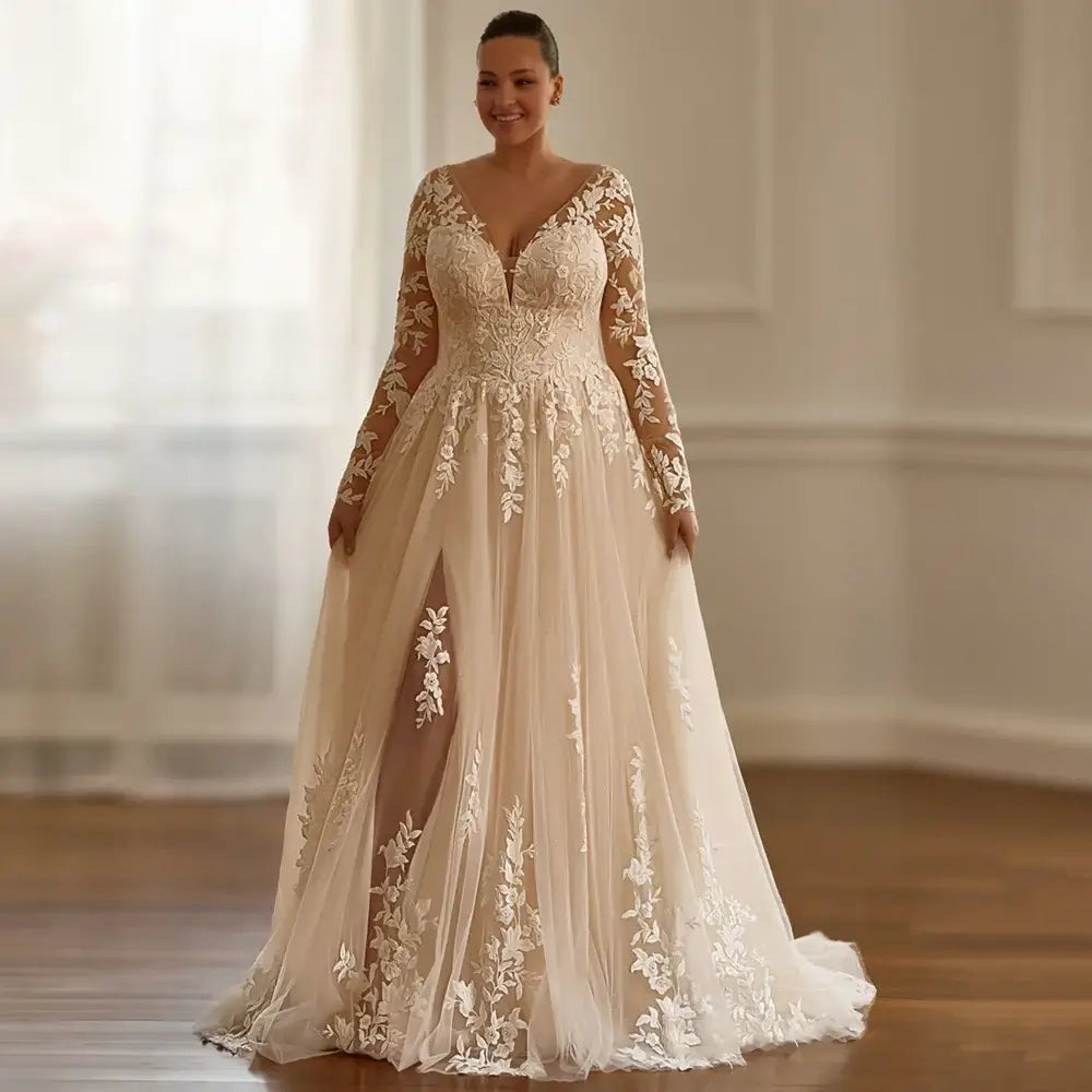 Women Plus Size Glitter Applique Long Sleeve Wedding Dress