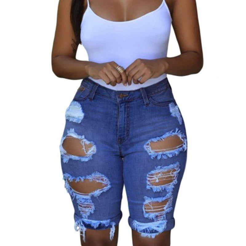 CutOutChic™ – Knee-Length Ripped Shorts (Sexy Nightclub Denim)