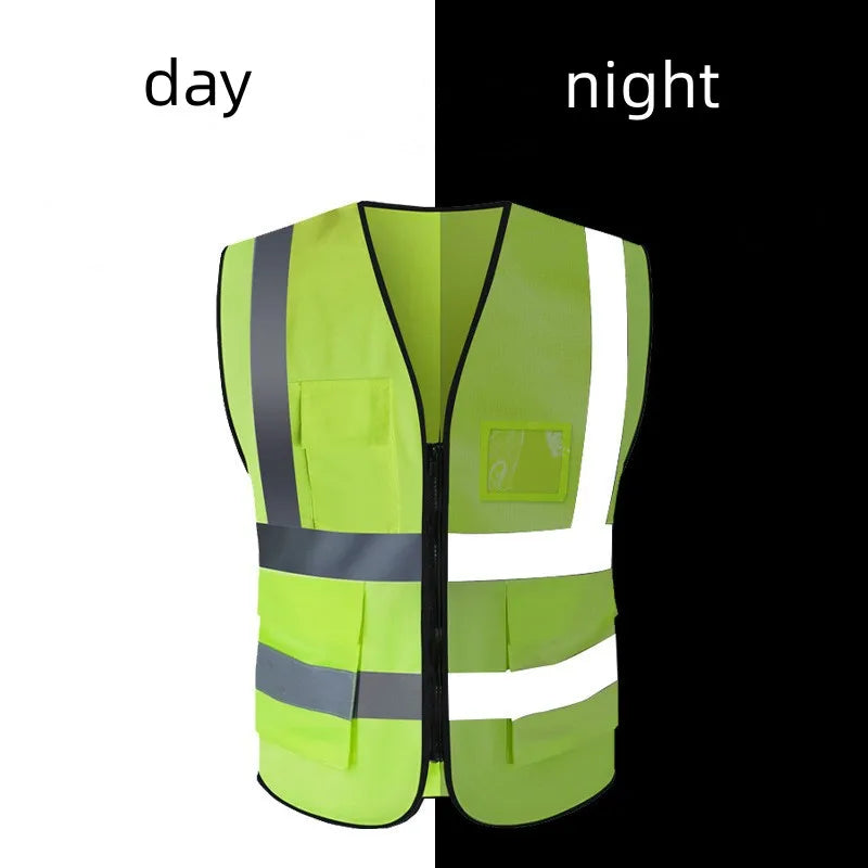 Unisex multi-pocket safety vest shown in day and night visibility for utility and safety workwear.