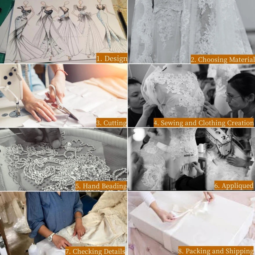 Collage of bridal gown creation process: design sketches, material selection, cutting, sewing, hand beading, appliqués, and packaging.