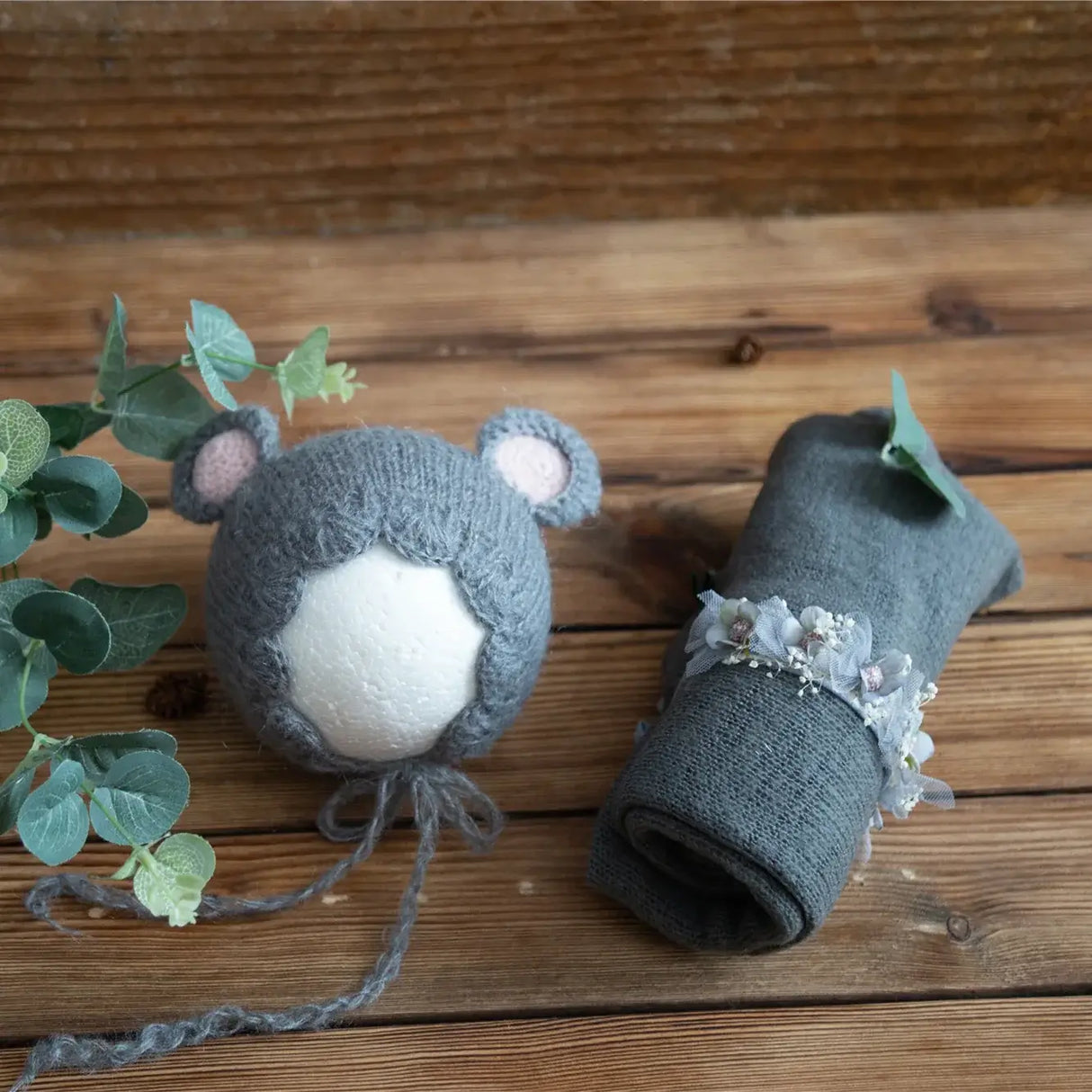 Newborn stretch knit mohair set, featuring a grey bear hat and soft grey wrap, perfect for baby photoshoots.