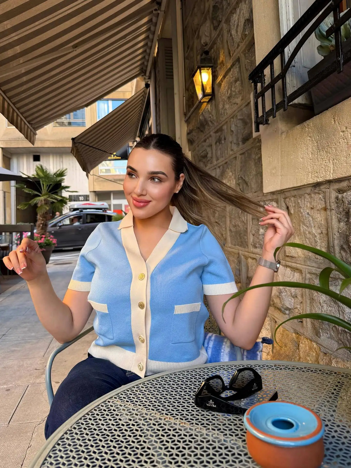 Tossy V-Neck Patchwork Knit Cardigan