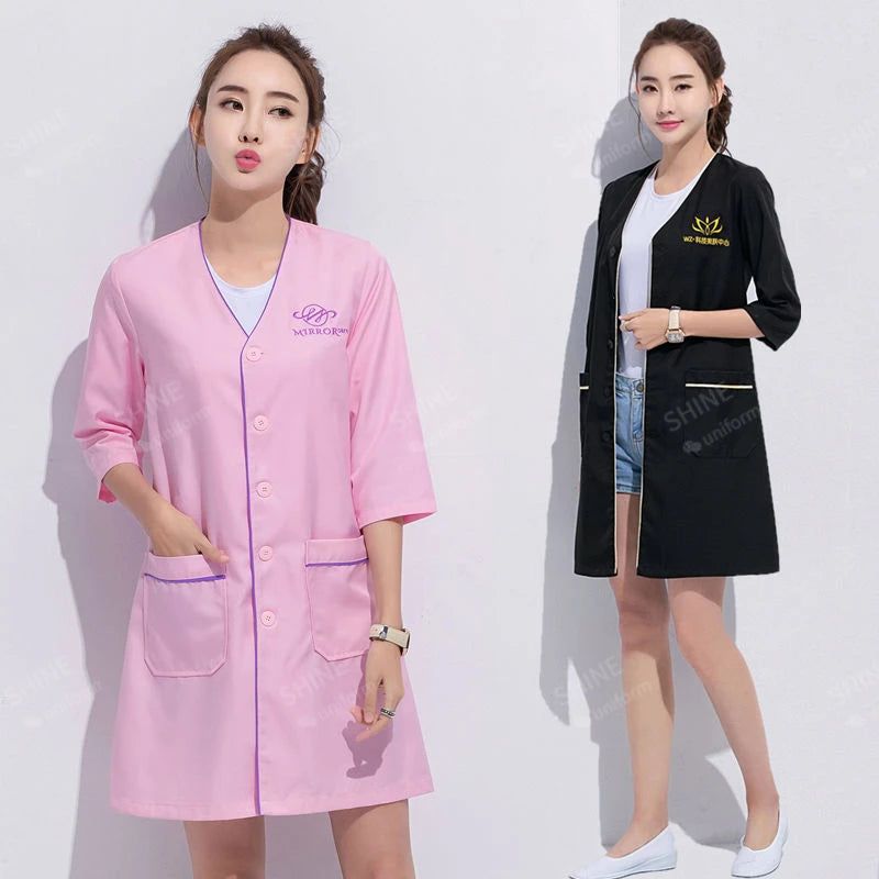 Custom logo spa beauty uniforms in pink and black for women, ideal for salons and medical settings.