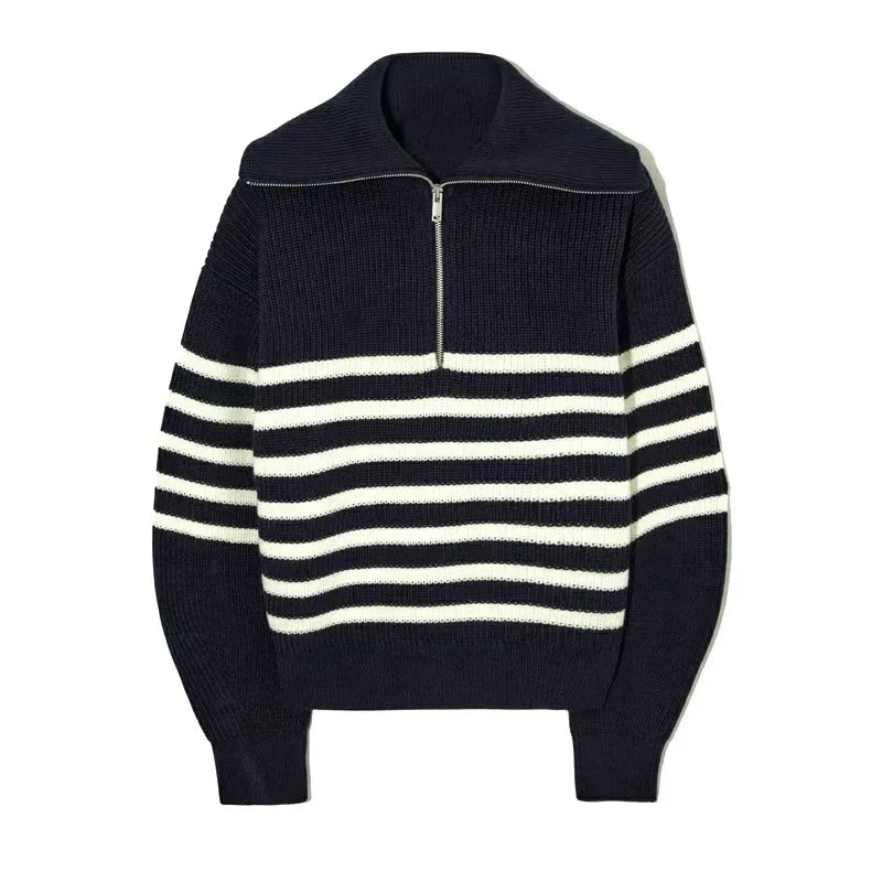 Women's Half Zipper Striped Sweater