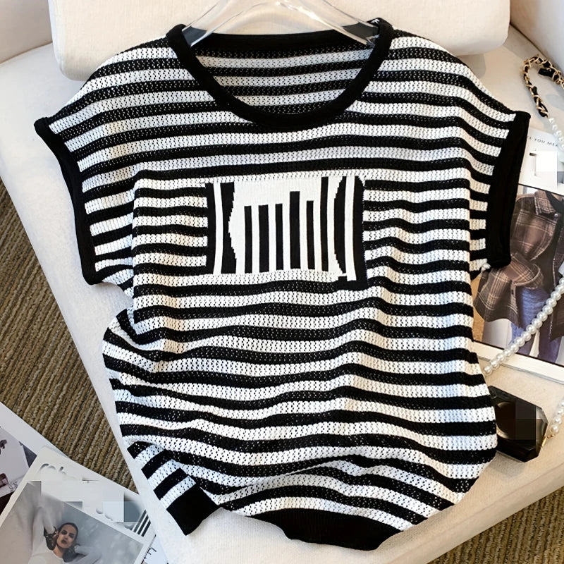 Women's Striped O-Neck Crop Sweater