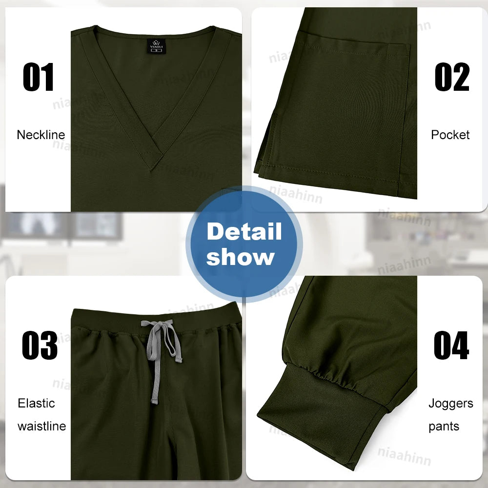 Detailed view of NiaaHinn scrub set features: neckline, pocket, elastic waistline, and joggers.