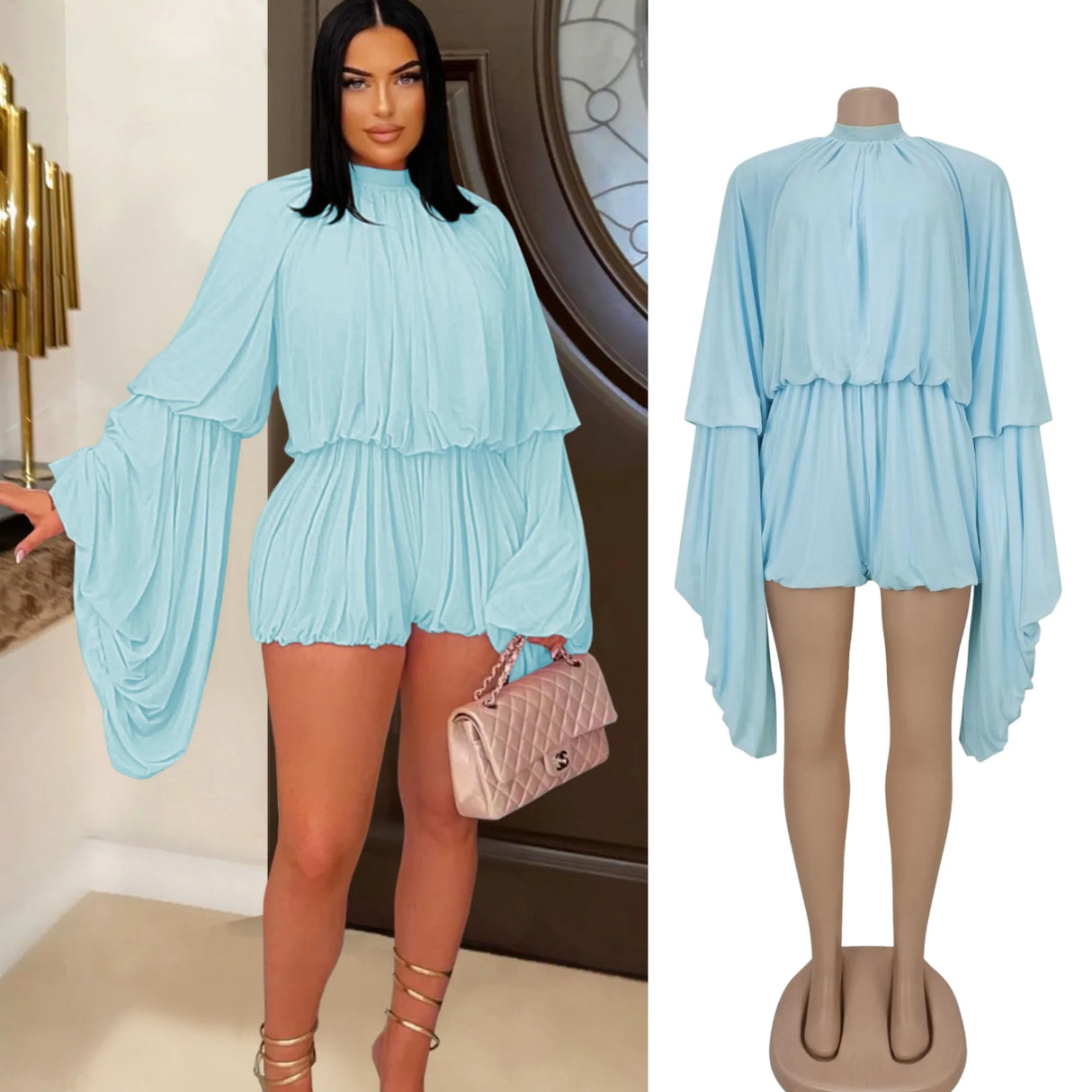 SculptEase™ – Ruched Flare Sleeve Bodycon Jumpsuit (Stretchy, Elegant & Curvy-Fit)