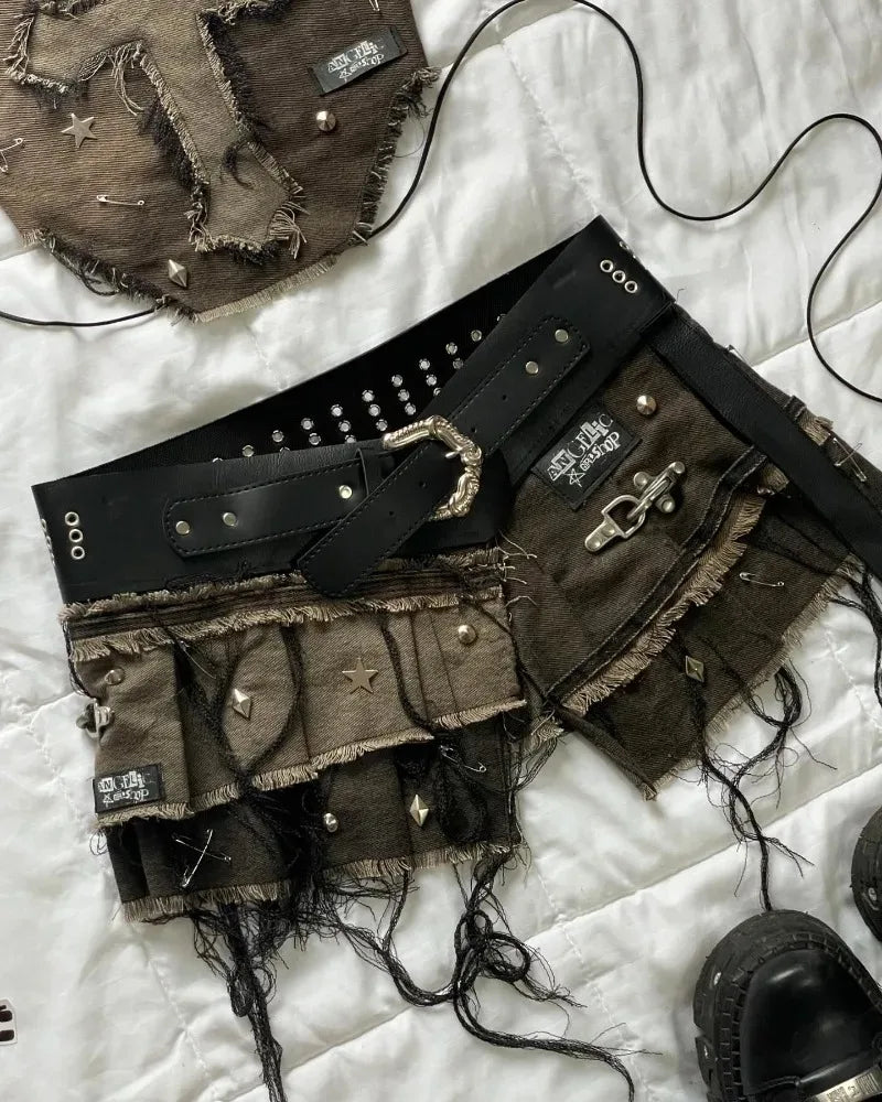 Women Cross Patch Denim Skirt Set