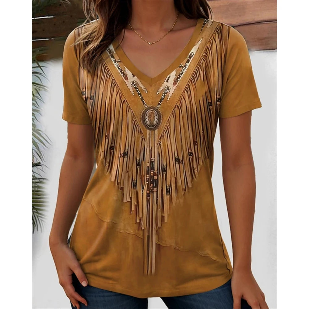 Stylish women's yellow V-neck tee with fringe detail and decorative beading, perfect for casual outfits.
