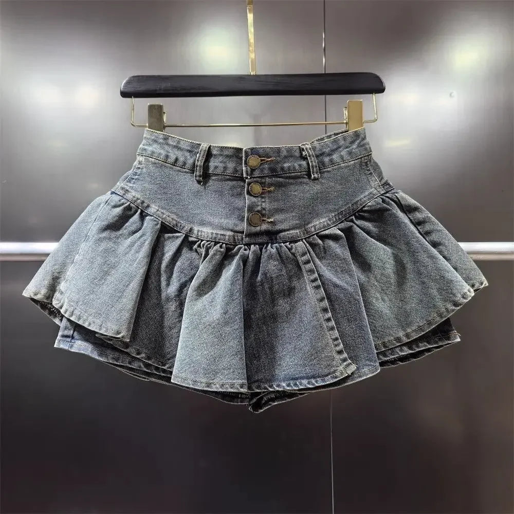 PuffyBelt™ – Puffy Layered Denim Skirt (Black A-line, High Waist)
