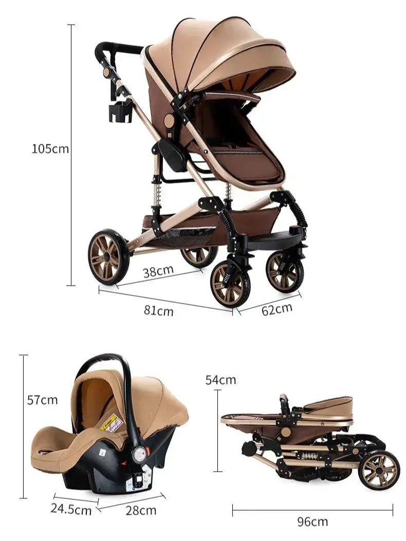 3 in 1 baby stroller in brown with car seat and foldable design, suitable for ages 0-3 years, dimensions included.