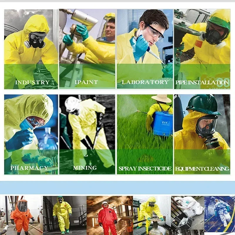 Collage of professionals wearing chemical resistant coveralls in various settings: industry, laboratory, pharmacy, and mining.