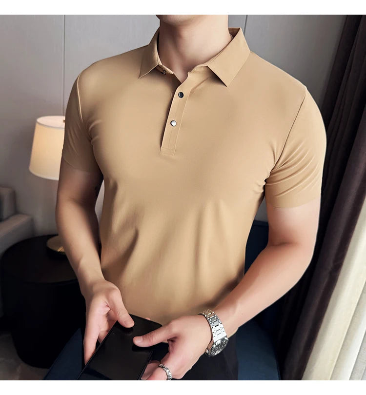 Men Ice Silk Polo Shirt Brown Top
