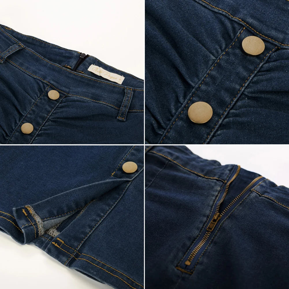 BuckleCurve™ – Ruched Belt Bodycon Skirt (High Waist Retro Denim)