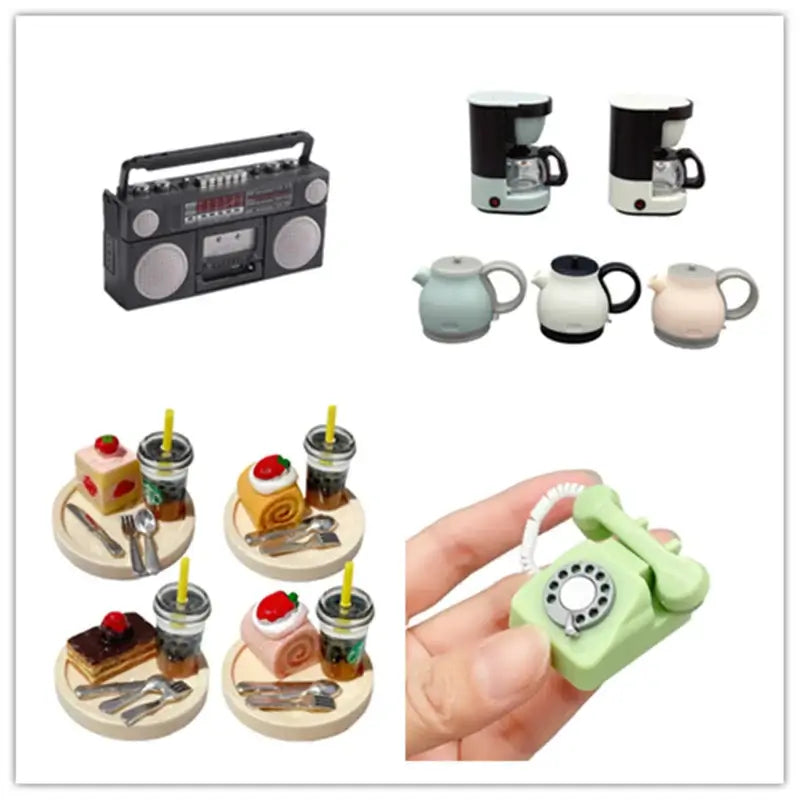 Miniature home appliances and food props for newborn baby photography, including a radio, coffee makers, and desserts.