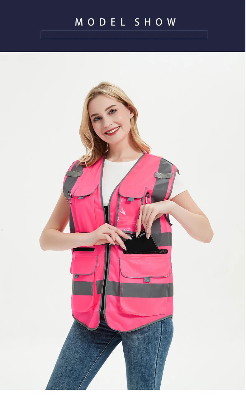Model wearing high visibility pink safety vest with reflective tape, ideal for women's work uniform in various applications.