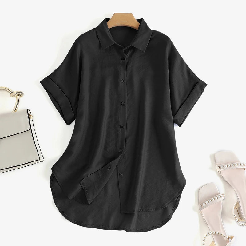 ZanzeaEase™ oversized black summer blouse with button-down closure and relaxed fit.