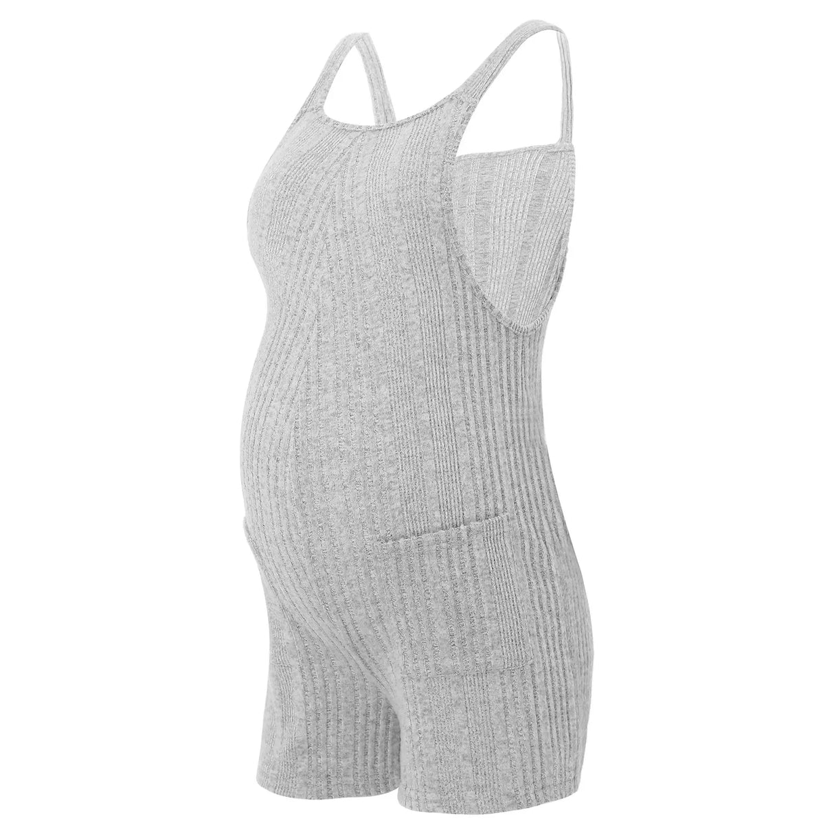 Sleeveless ribbed maternity jumpsuit in gray, designed for casual summer wear, featuring a loose fit and comfortable fabric.