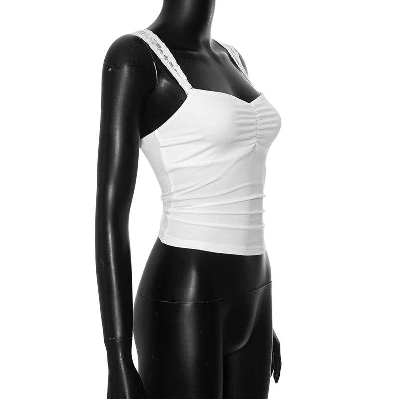 White lace strap pleated camisole tank top for women, featuring high stretch knitted fabric and a fitted design.