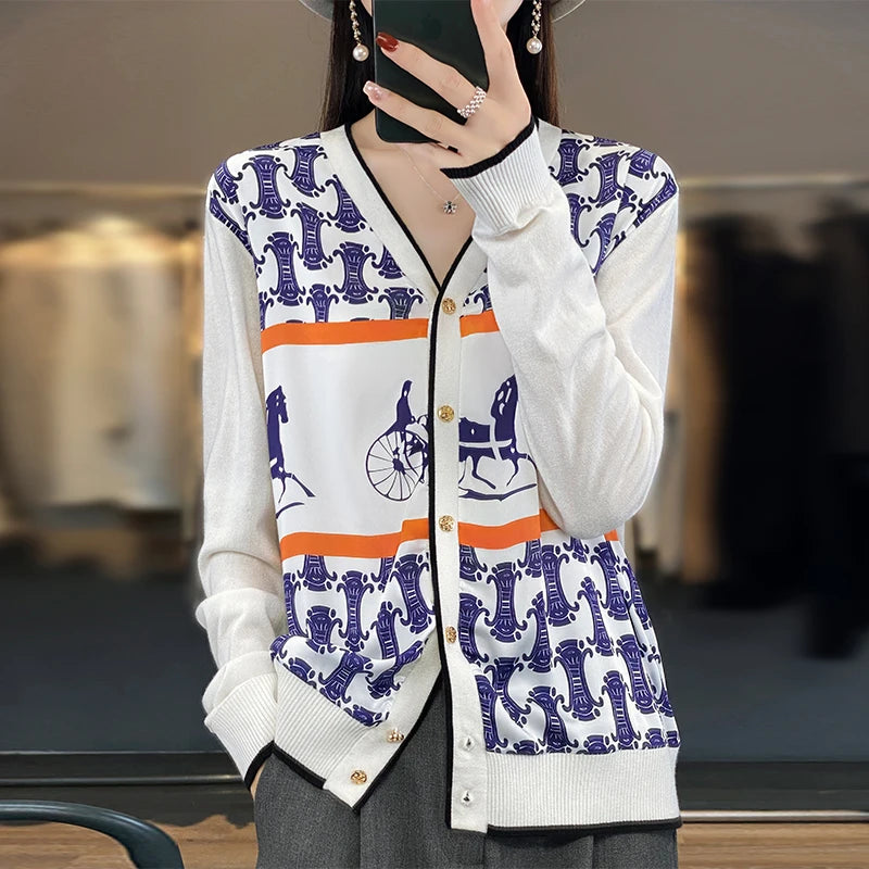 Women's Silk Print Wool Cardigan