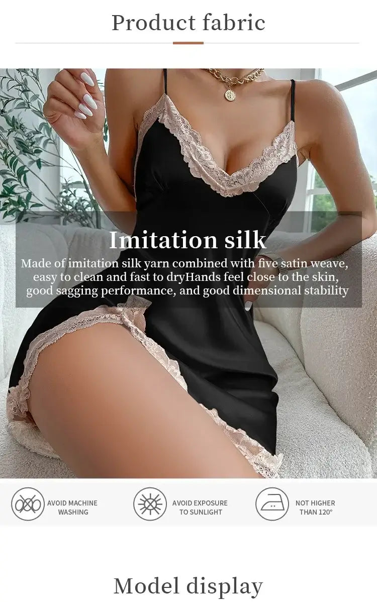 Women Satin Lace Nightdress Deep V Backless Sleepwear