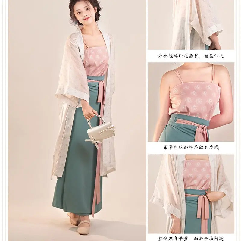 Song Dynasty Hanfu retro three-piece outfit for women, featuring a floral top, long skirt, and elegant outer layer.