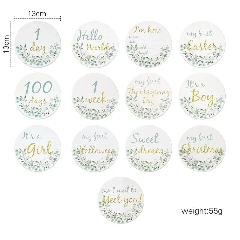 Set of 12 newborn milestone cards featuring greenery design for baby photography, celebrating special moments and events.