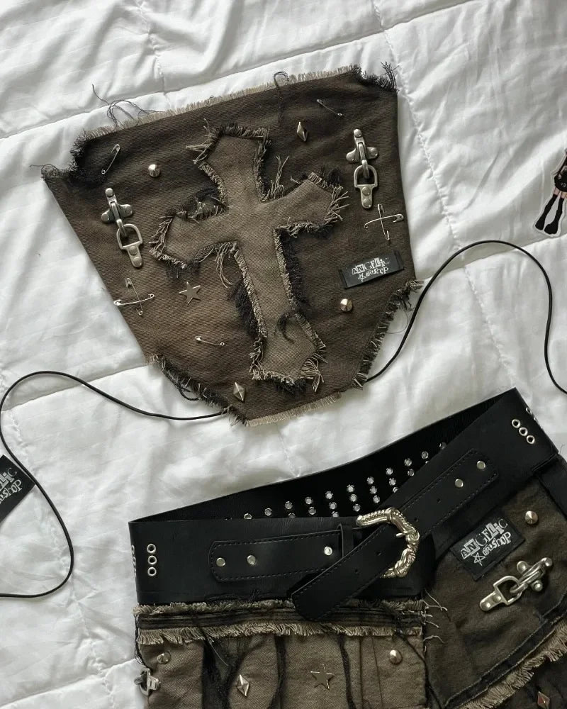 Women Cross Patch Denim Skirt Set