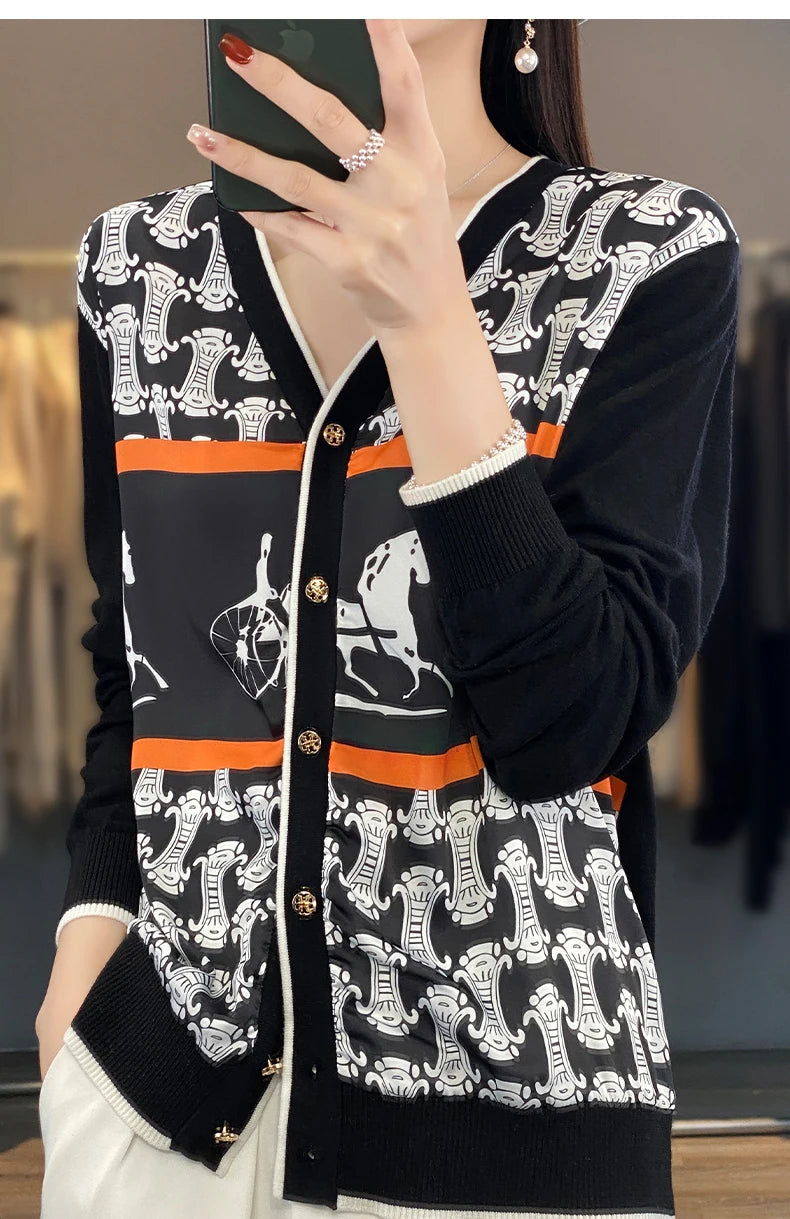Women's Silk Print Wool Cardigan
