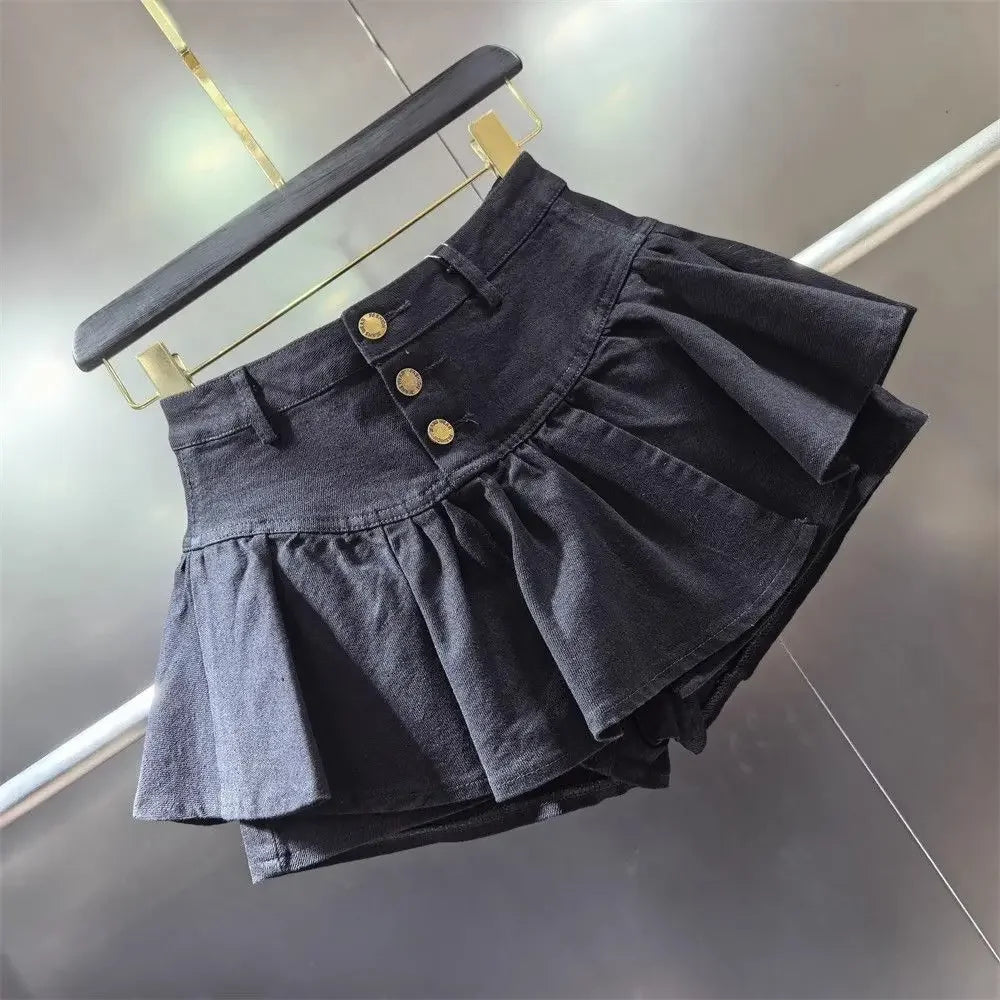 PuffyBelt™ – Puffy Layered Denim Skirt (Black A-line, High Waist)
